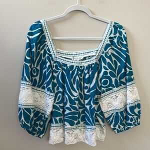 Rachel Zoe, Linen Blend Bohemian Square Neck Puff Sleeve Blouse Sz S